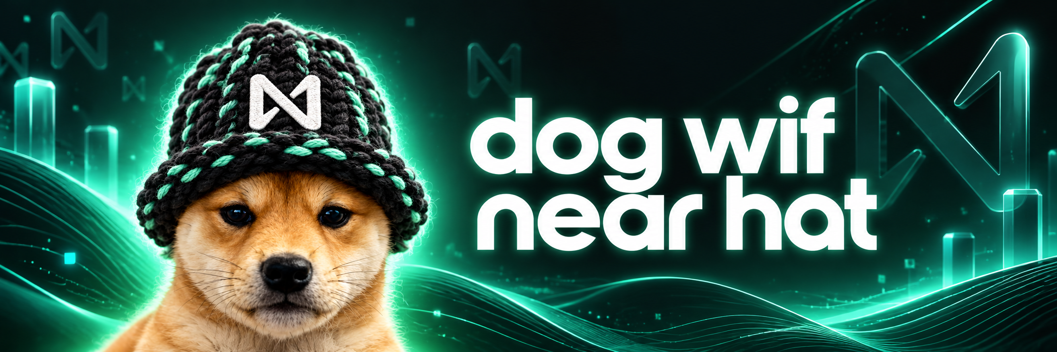 dog wif near hat banner, shiba in the knit cap beside the wordmark